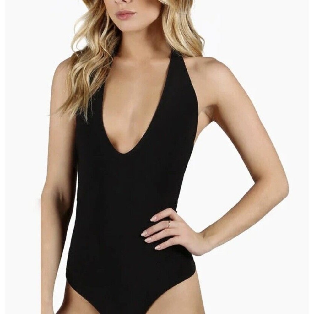 Shien Sexy Plunge Neck Backless Halter Bodysuit Black Size Large